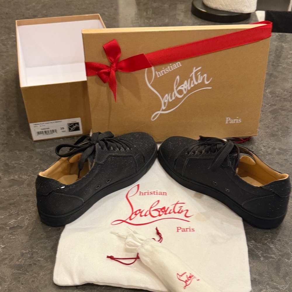 Christian Louboutin Women’s Black Viera Flat Glitter Sneakers. Size 8 1/2 or 39.